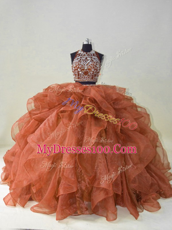 Cute Brown Sleeveless Brush Train Beading and Ruffles Quinceanera Gown