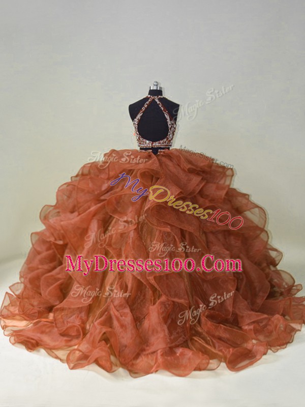 Cute Brown Sleeveless Brush Train Beading and Ruffles Quinceanera Gown