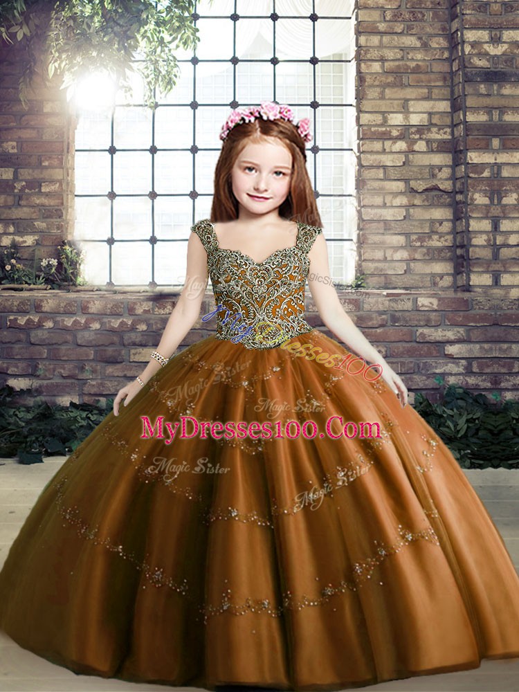 Brown Lace Up Little Girls Pageant Dress Beading Sleeveless Floor Length