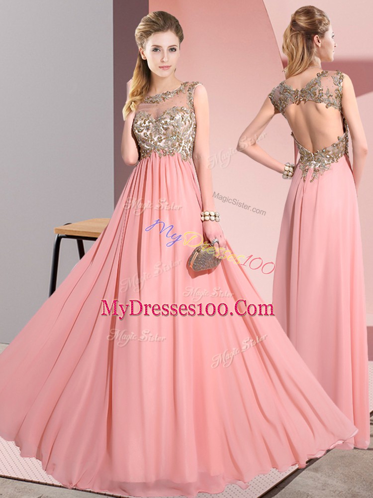 Inexpensive Floor Length Empire Sleeveless Pink Bridesmaid Gown Backless