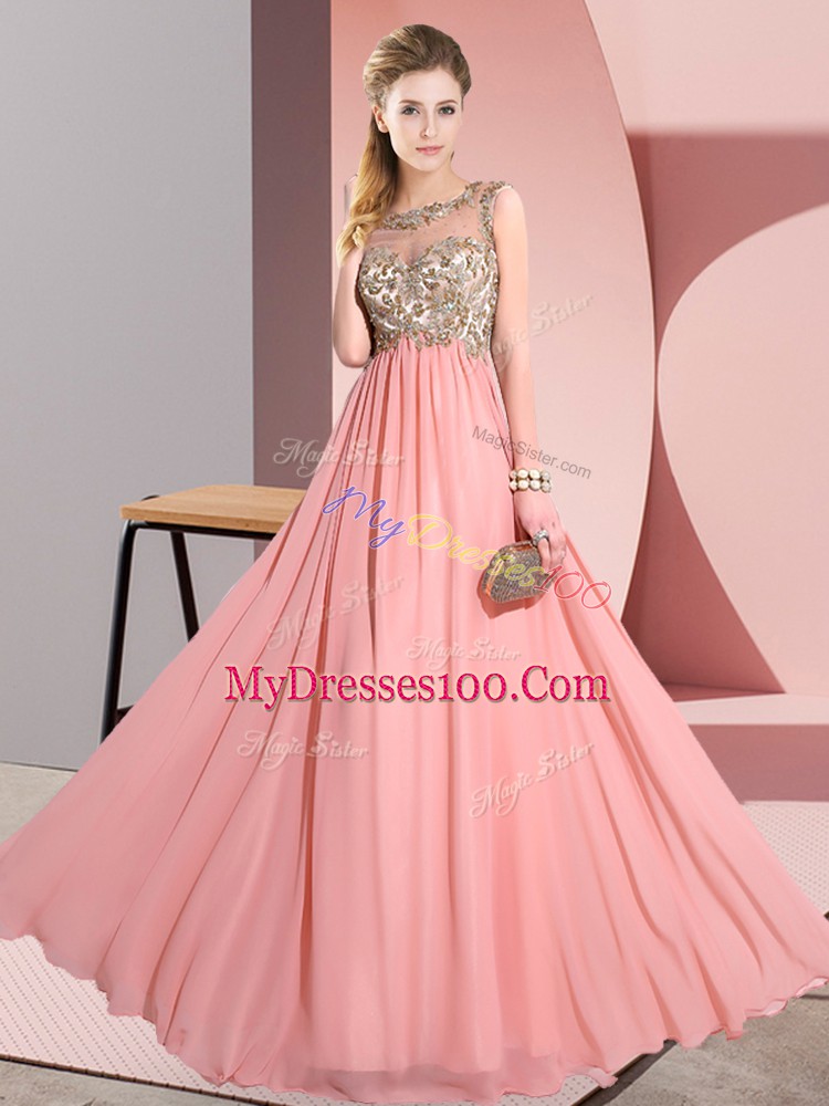 Inexpensive Floor Length Empire Sleeveless Pink Bridesmaid Gown Backless