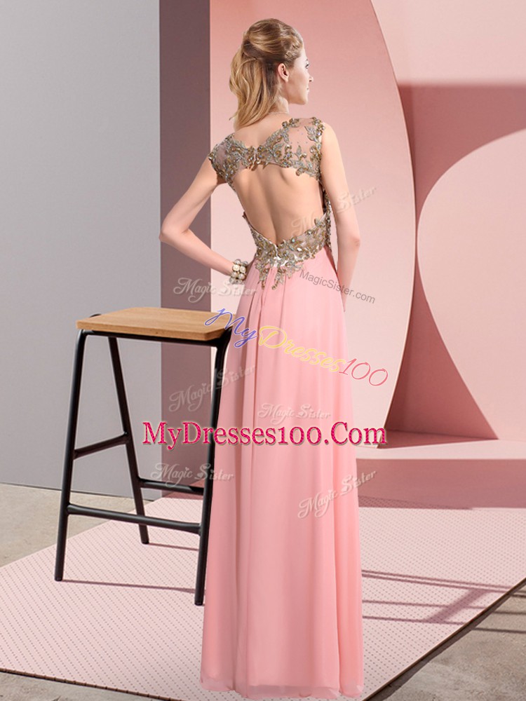 Inexpensive Floor Length Empire Sleeveless Pink Bridesmaid Gown Backless