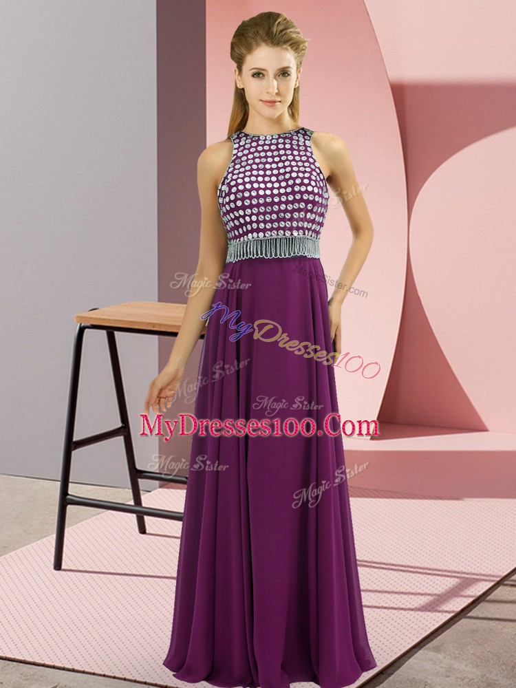 Comfortable Empire Prom Dress Eggplant Purple Scoop Chiffon Sleeveless Floor Length
