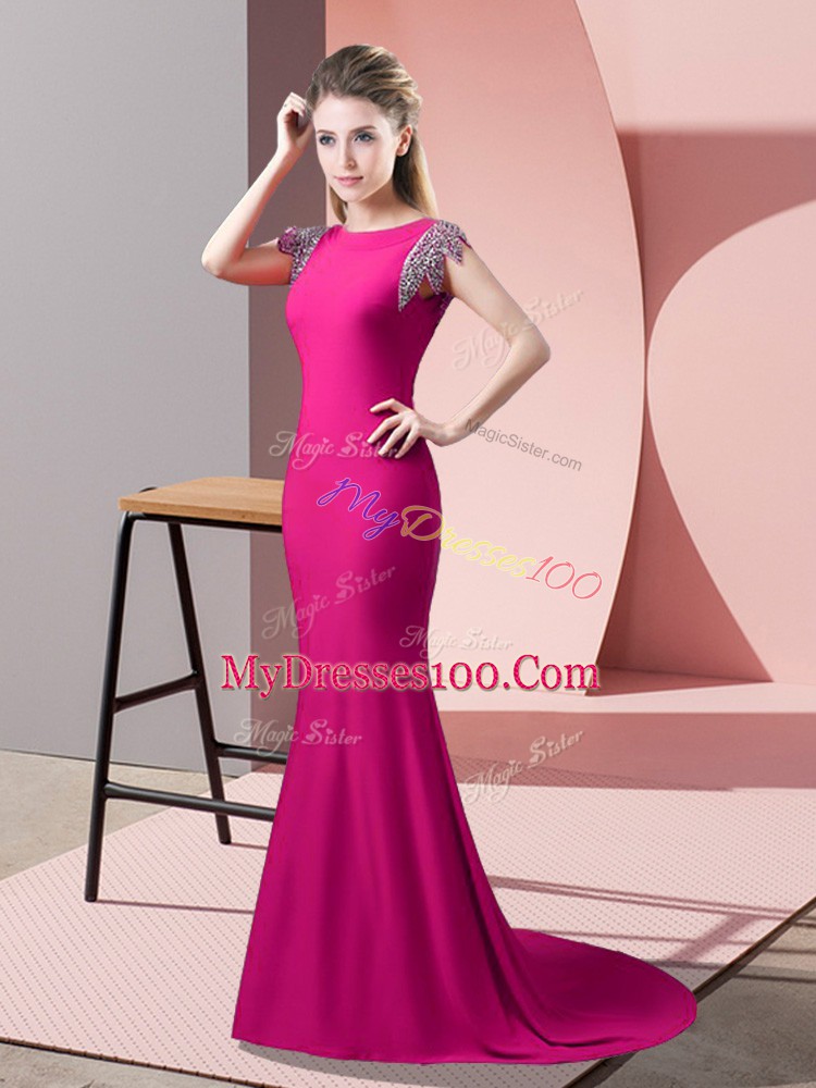 Latest Short Sleeves Beading Backless Prom Dresses with Hot Pink Brush Train