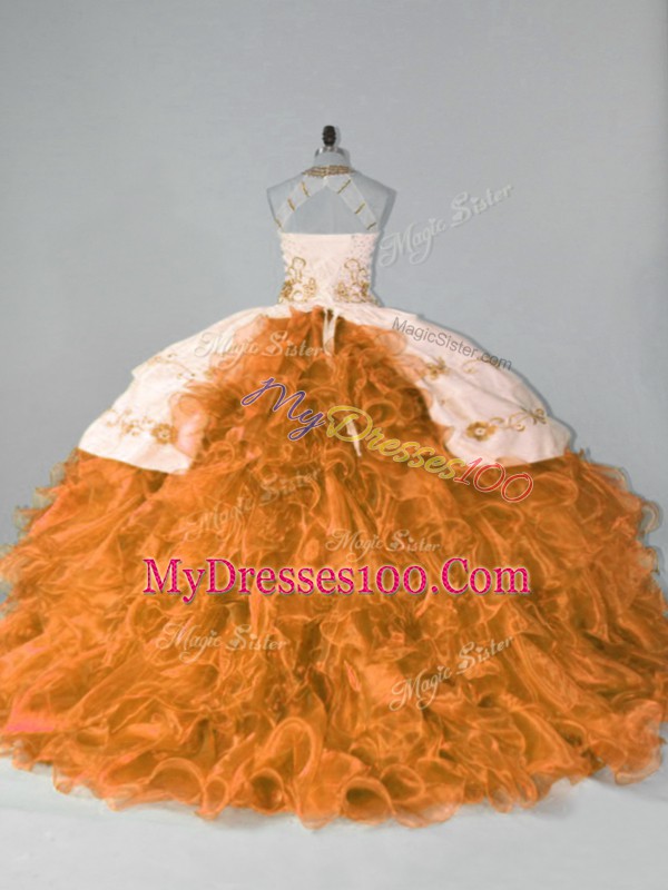 Beautiful Orange Organza Lace Up Halter Top Sleeveless Floor Length Sweet 16 Dresses Court Train Embroidery and Ruffles