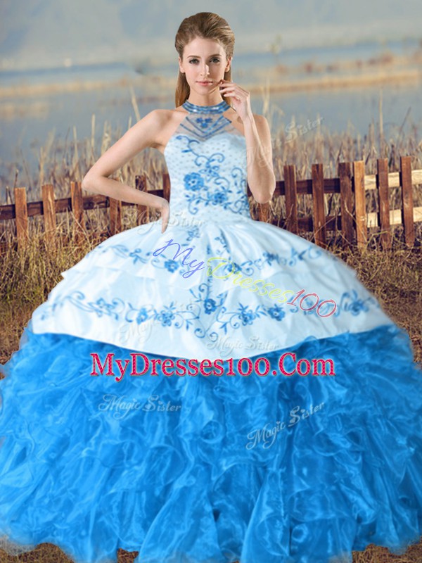 Luxury Court Train Ball Gowns Quince Ball Gowns Baby Blue Halter Top Organza Sleeveless Lace Up