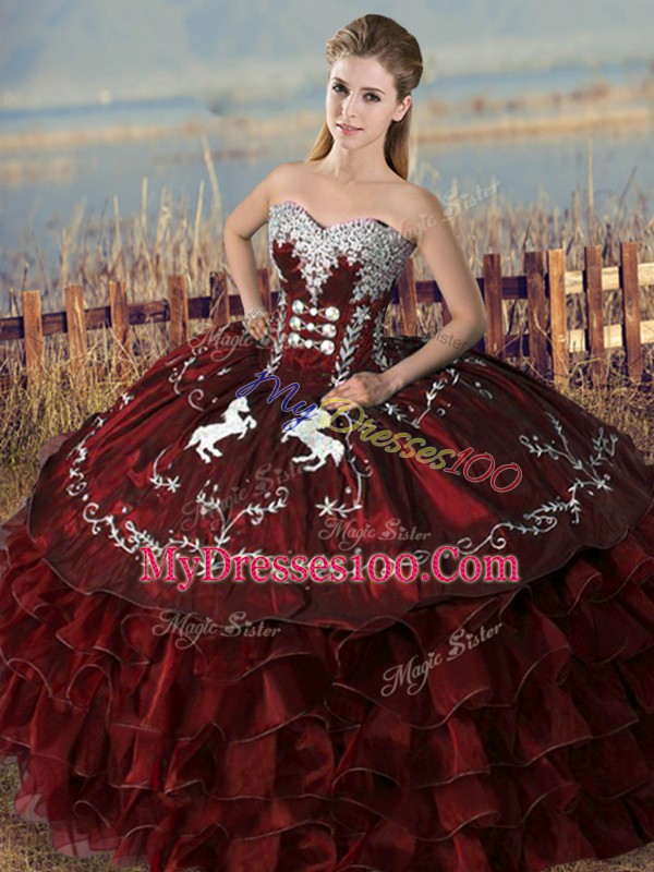 Popular Burgundy Sleeveless Floor Length Embroidery and Ruffles Lace Up Vestidos de Quinceanera