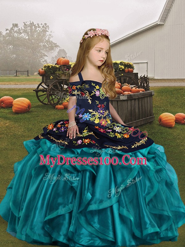 Superior Teal Ball Gowns Embroidery and Ruffles Little Girl Pageant Gowns Lace Up Organza Sleeveless Floor Length