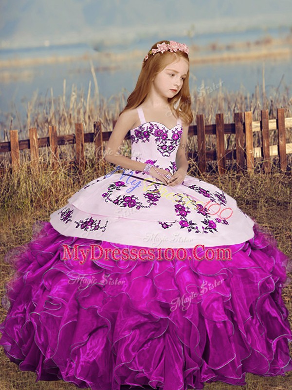 Custom Made Sleeveless Organza Floor Length Lace Up Little Girls Pageant Dress Wholesale in Fuchsia with Embroidery and Ruffles