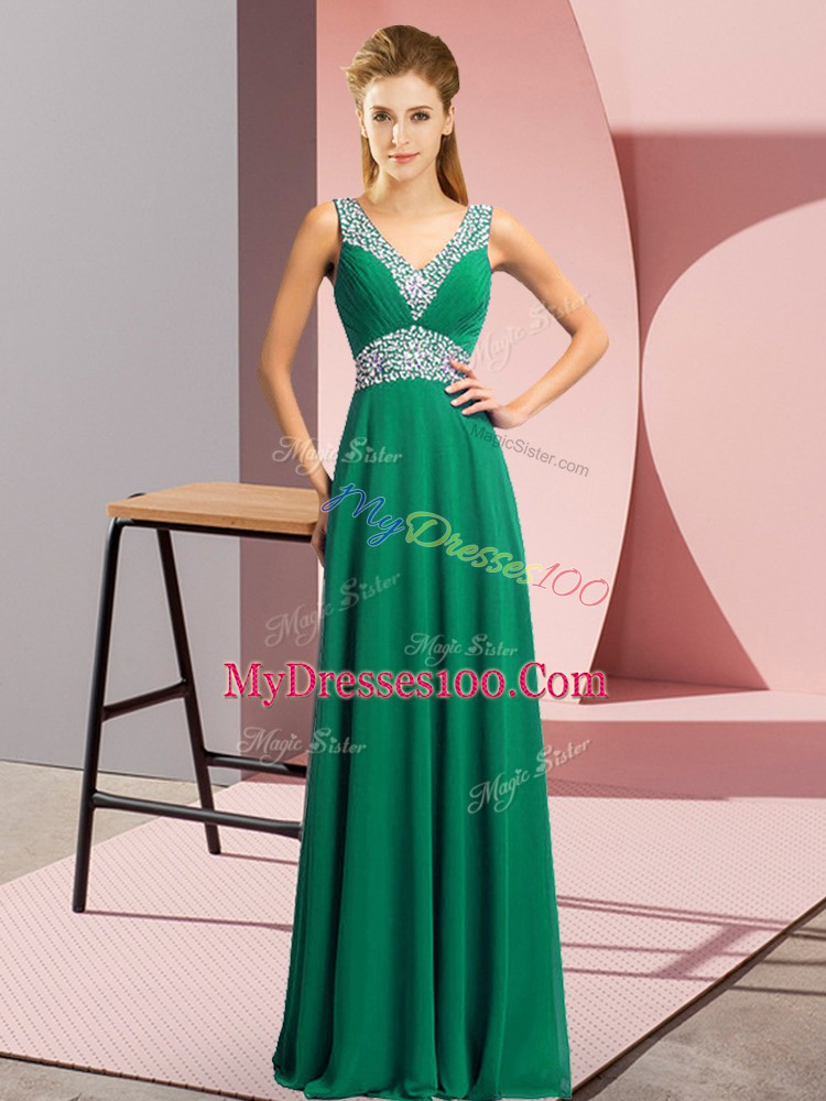 Dark Green V-neck Lace Up Beading Evening Dress Sleeveless