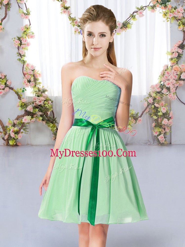 Graceful Sleeveless Chiffon Mini Length Lace Up Court Dresses for Sweet 16 in Apple Green with Belt