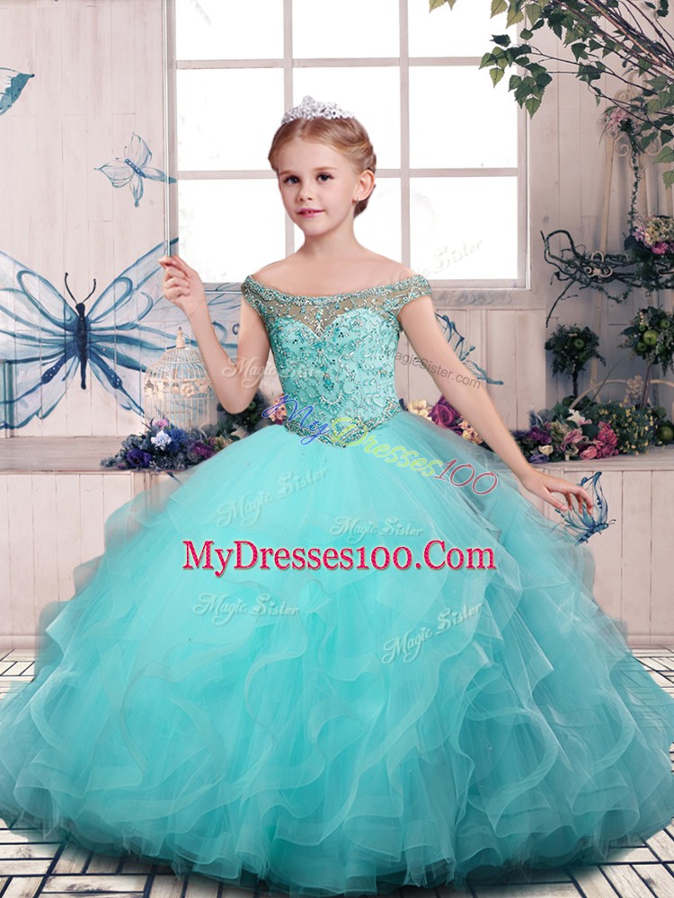 Aqua Blue Sleeveless Tulle Lace Up Kids Formal Wear for Party and Sweet 16 and Wedding Party