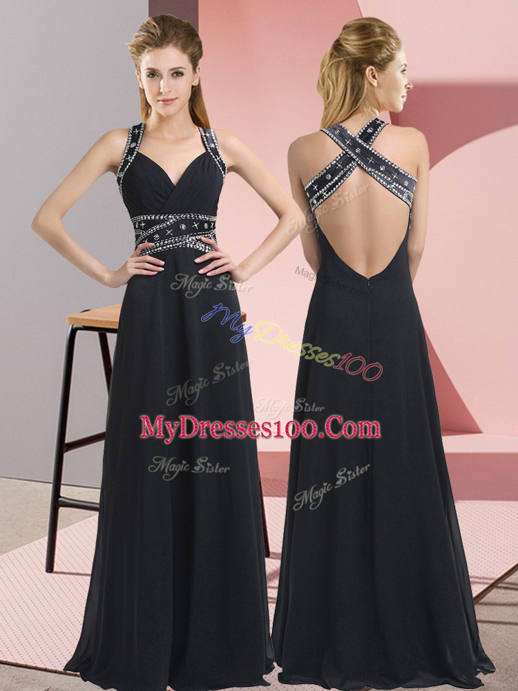 Stylish Floor Length Black Prom Party Dress Chiffon Sleeveless Beading