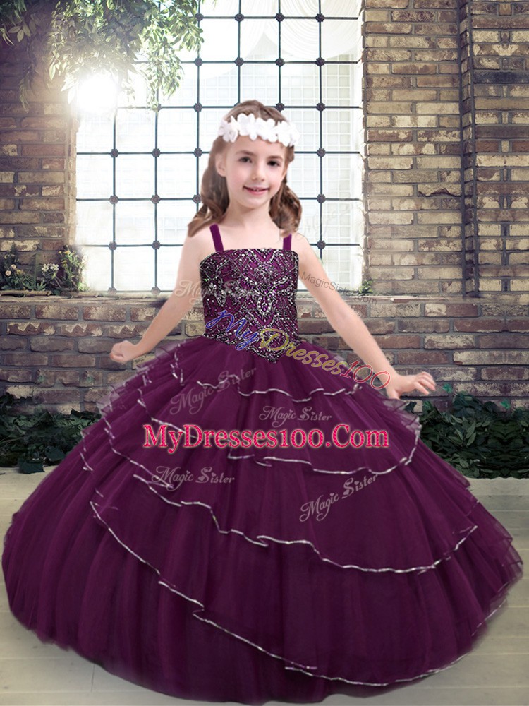 Excellent Floor Length Purple Kids Pageant Dress Straps Sleeveless Lace Up