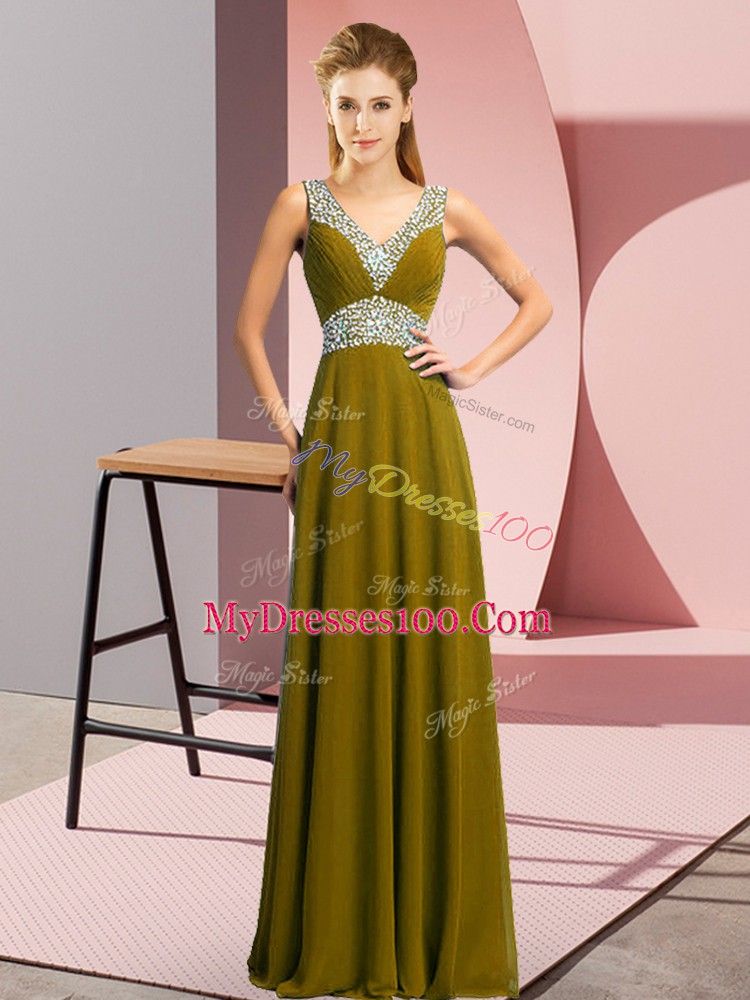 V-neck Sleeveless Lace Up Olive Green Chiffon