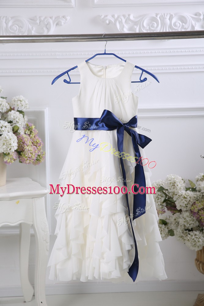 Amazing White Empire Chiffon Scoop Sleeveless Ruffles and Belt Floor Length Zipper Flower Girl Dresses