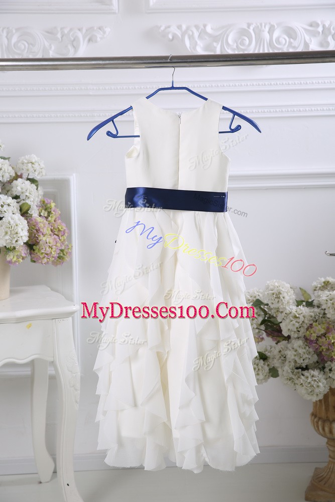 Amazing White Empire Chiffon Scoop Sleeveless Ruffles and Belt Floor Length Zipper Flower Girl Dresses