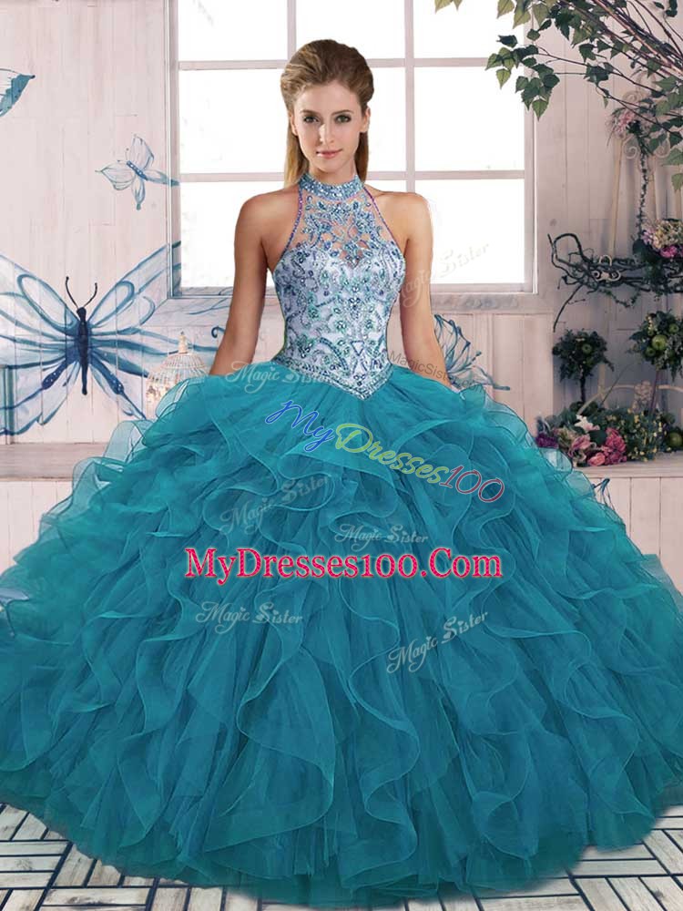 Sophisticated Teal Sleeveless Tulle Lace Up Quinceanera Gowns for Military Ball and Sweet 16 and Quinceanera