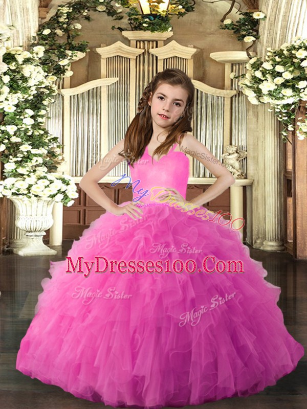 Popular Tulle Straps Sleeveless Lace Up Ruffles Pageant Gowns For Girls in Hot Pink
