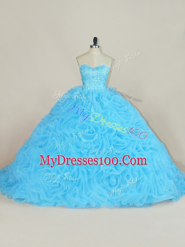Sumptuous Floor Length Lace Up 15th Birthday Dress Baby Blue for Sweet 16 and Quinceanera with Beading and Ruffles Court Train