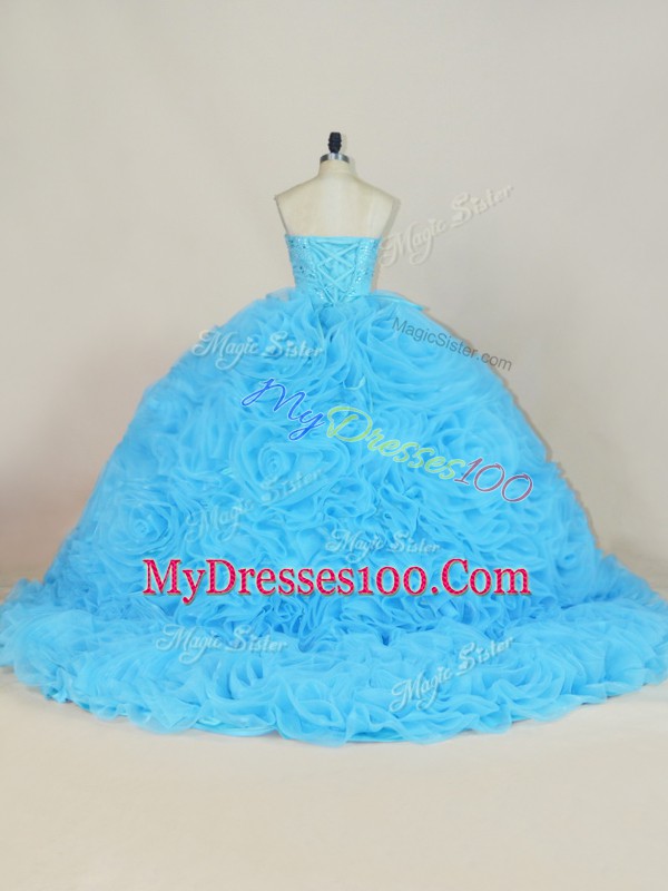 Sumptuous Floor Length Lace Up 15th Birthday Dress Baby Blue for Sweet 16 and Quinceanera with Beading and Ruffles Court Train