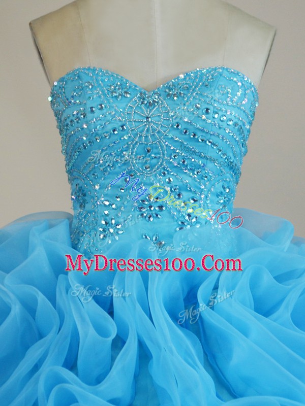 Sumptuous Floor Length Lace Up 15th Birthday Dress Baby Blue for Sweet 16 and Quinceanera with Beading and Ruffles Court Train
