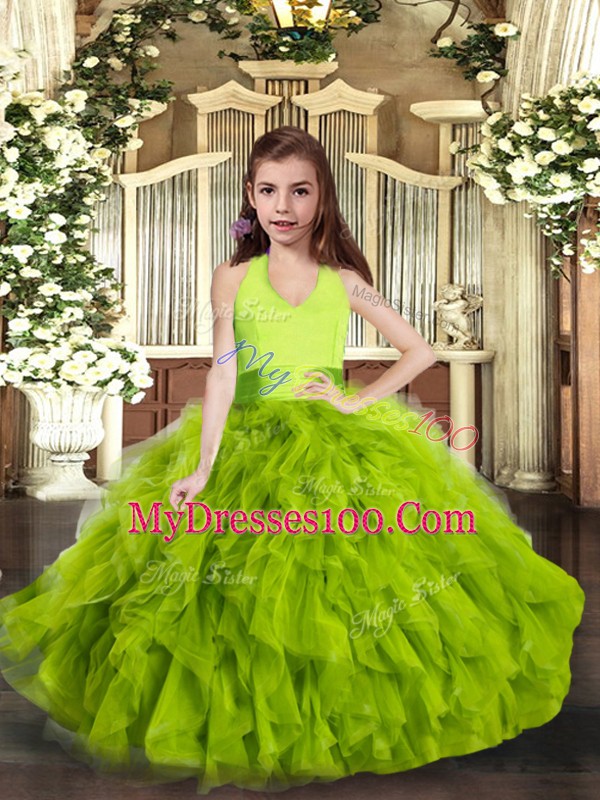 Green Halter Top Lace Up Ruffles Custom Made Pageant Dress Sleeveless