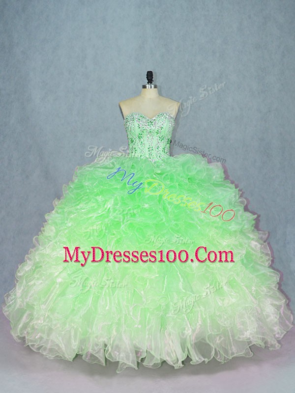 Designer Sleeveless Organza Floor Length Lace Up Ball Gown Prom Dress in Multi-color with Beading and Ruffles
