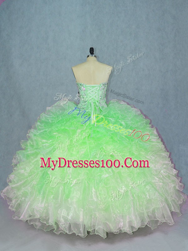 Designer Sleeveless Organza Floor Length Lace Up Ball Gown Prom Dress in Multi-color with Beading and Ruffles