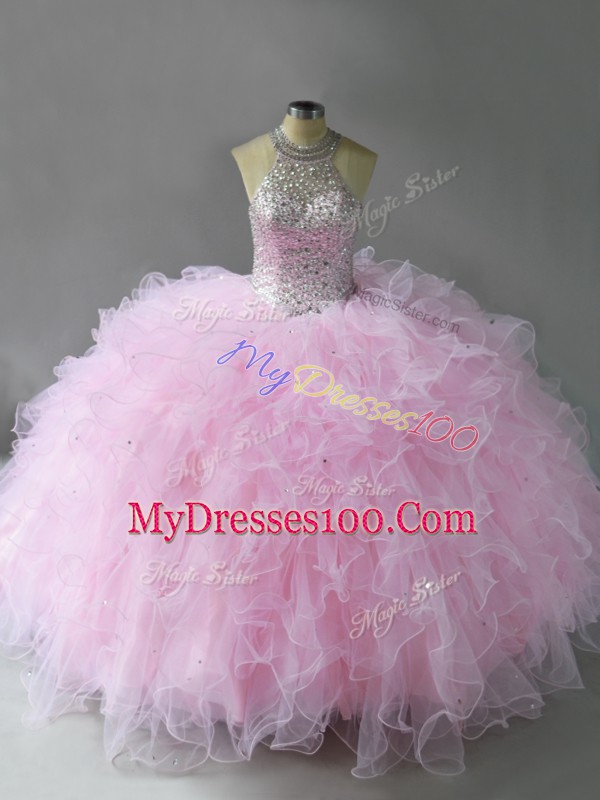 Fitting Pink Tulle Lace Up Sweet 16 Dresses Sleeveless Floor Length Beading and Ruffles