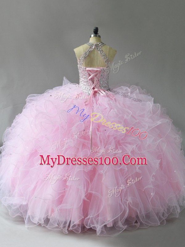 Fitting Pink Tulle Lace Up Sweet 16 Dresses Sleeveless Floor Length Beading and Ruffles