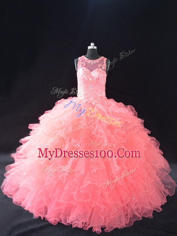 Floor Length Watermelon Red Vestidos de Quinceanera Organza Sleeveless Beading and Ruffles