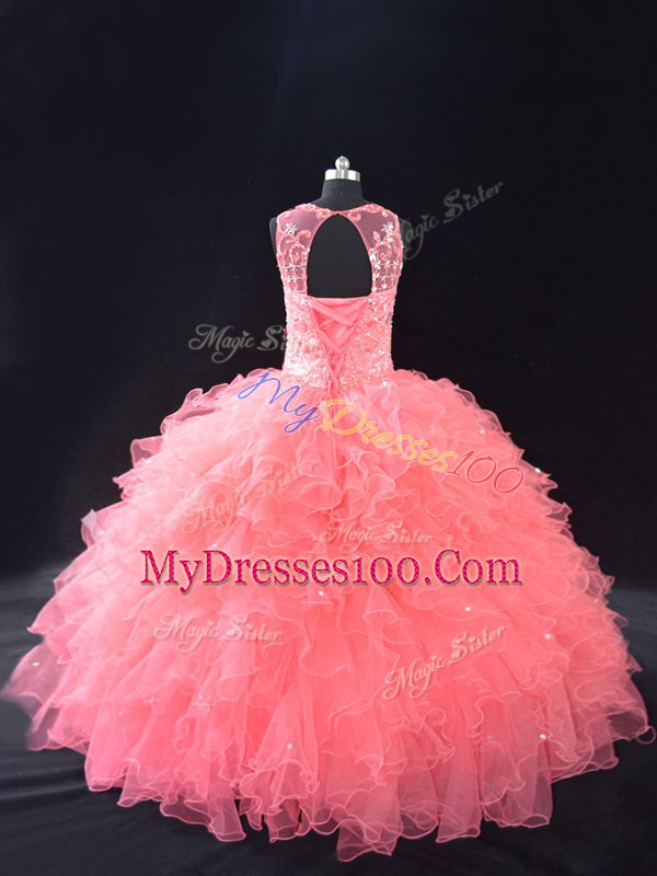 Floor Length Watermelon Red Vestidos de Quinceanera Organza Sleeveless Beading and Ruffles