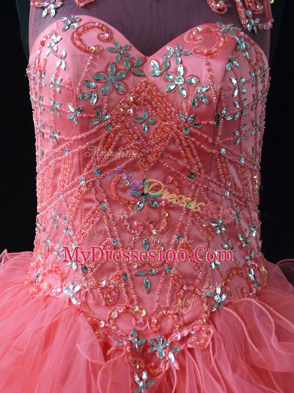 Floor Length Watermelon Red Vestidos de Quinceanera Organza Sleeveless Beading and Ruffles