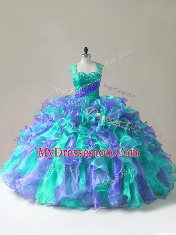 Adorable Multi-color Ball Gowns Beading and Ruffles Vestidos de Quinceanera Zipper Organza Sleeveless Floor Length