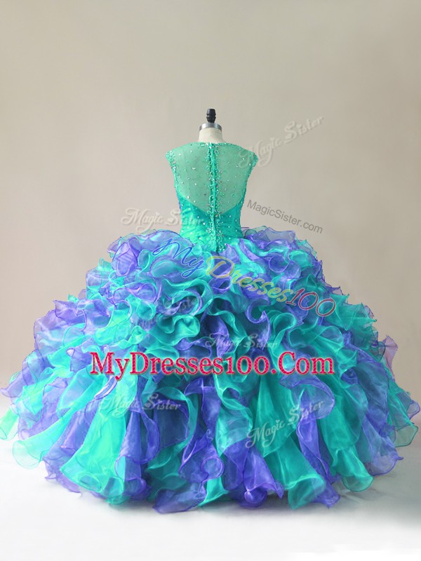 Adorable Multi-color Ball Gowns Beading and Ruffles Vestidos de Quinceanera Zipper Organza Sleeveless Floor Length