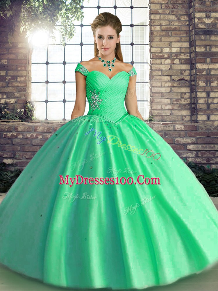 Traditional Ball Gowns Quince Ball Gowns Turquoise Off The Shoulder Tulle Sleeveless Floor Length Lace Up
