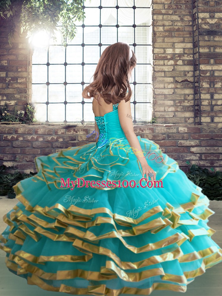 Fashion Straps Sleeveless Lace Up Pageant Dress Toddler Blue Tulle