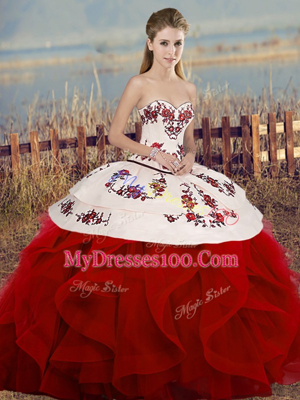 Sleeveless Floor Length Embroidery and Ruffles and Bowknot Lace Up Quinceanera Dress with White And Red