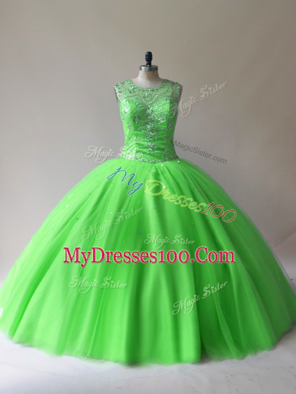 Ideal Lace Up Scoop Beading Sweet 16 Quinceanera Dress Tulle Sleeveless