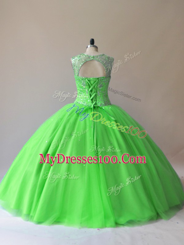 Ideal Lace Up Scoop Beading Sweet 16 Quinceanera Dress Tulle Sleeveless