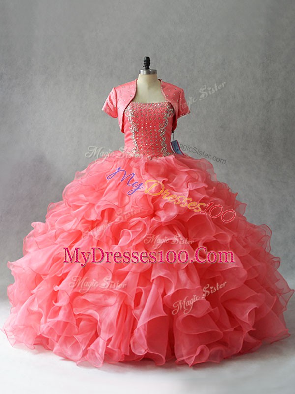 Spectacular Watermelon Red Strapless Lace Up Beading Ball Gown Prom Dress Sleeveless