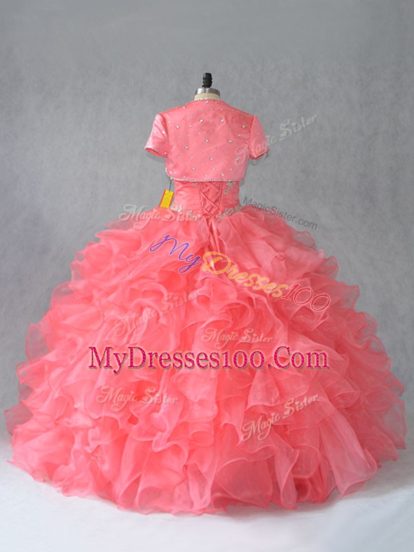 Spectacular Watermelon Red Strapless Lace Up Beading Ball Gown Prom Dress Sleeveless