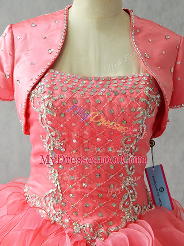 Spectacular Watermelon Red Strapless Lace Up Beading Ball Gown Prom Dress Sleeveless
