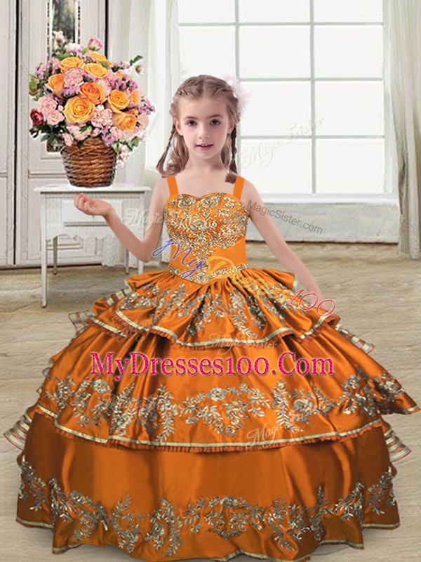 Floor Length Lace Up Child Pageant Dress Orange for Wedding Party with Embroidery and Ruffled Layers