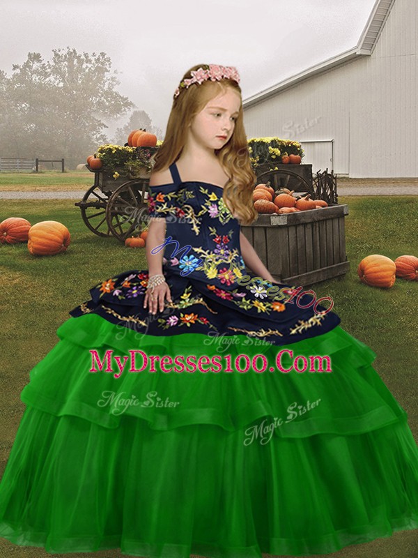 Elegant Floor Length Green Pageant Gowns For Girls Tulle Sleeveless Embroidery and Ruffled Layers
