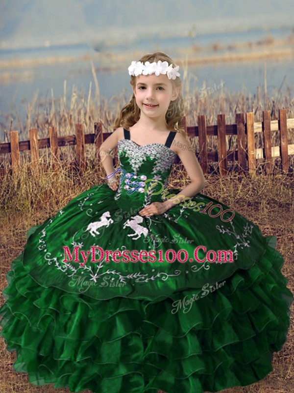 Best Sleeveless Organza Floor Length Lace Up Little Girls Pageant Dress in Green with Embroidery and Ruffled Layers