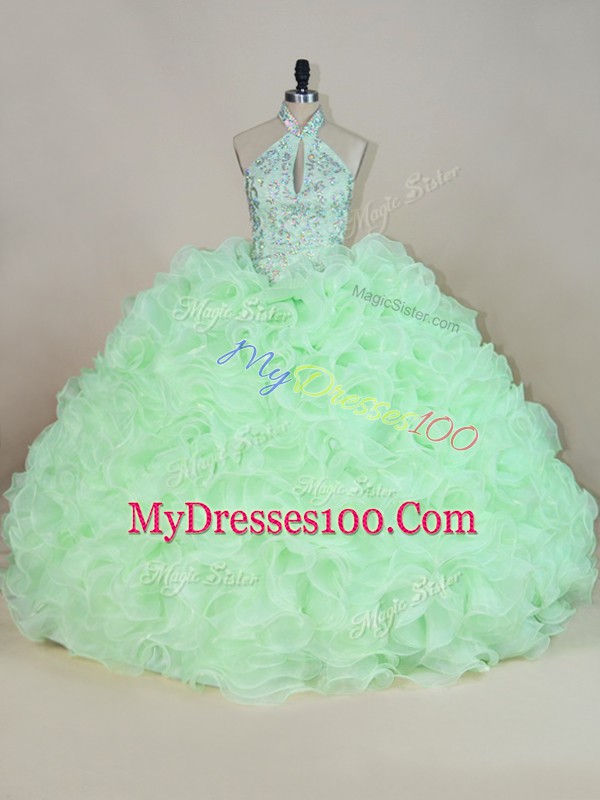 Gorgeous Halter Top Sleeveless Quince Ball Gowns Beading and Ruffles Apple Green Fabric With Rolling Flowers