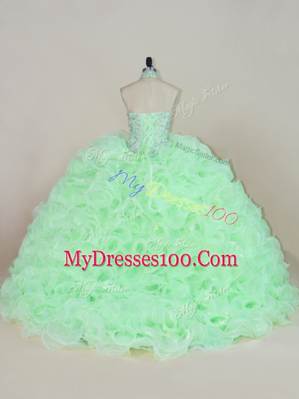 Gorgeous Halter Top Sleeveless Quince Ball Gowns Beading and Ruffles Apple Green Fabric With Rolling Flowers