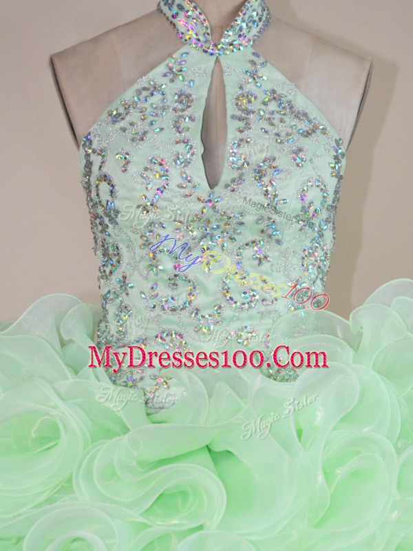Gorgeous Halter Top Sleeveless Quince Ball Gowns Beading and Ruffles Apple Green Fabric With Rolling Flowers